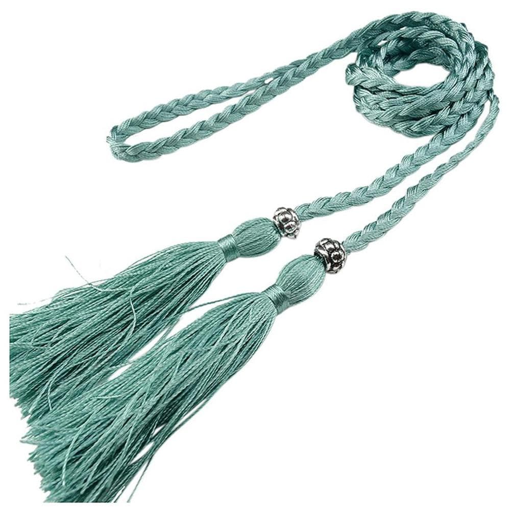 Women Woven Belt Thin Braid Tassel Rope Waist Belts For Dresses Waistband Knot Decorated Cotton String Waist Rope Accessories cyan