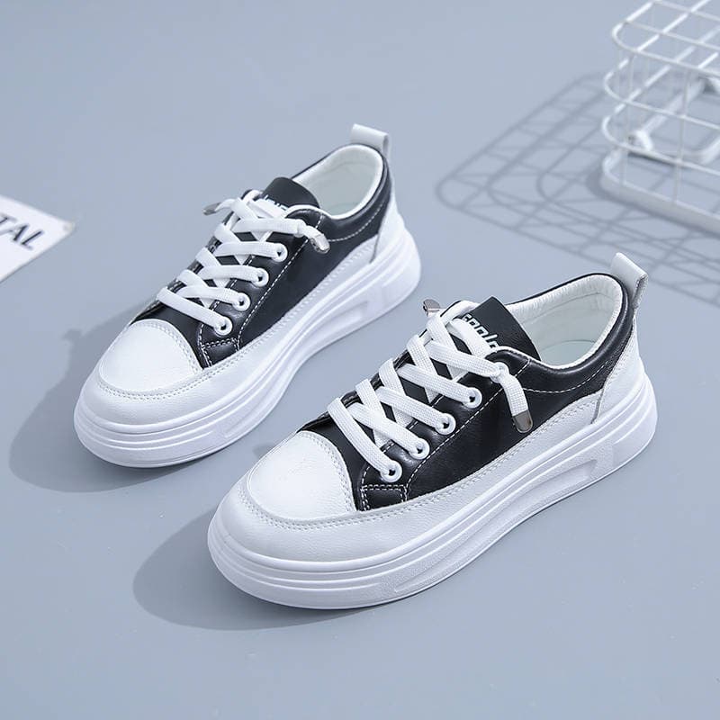 Casual Shoes Women Spring New Board Shoes Comfortable Leather Small White Shoes Korean Style Fashion Trend Thick Bottom Women's Shoes 40 black