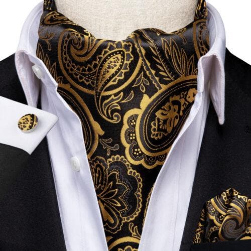 Gold Paisley Mens Silk Ascot Cravat Tie Formal Scarf Handkerchief Cufflinks Set AS-1058