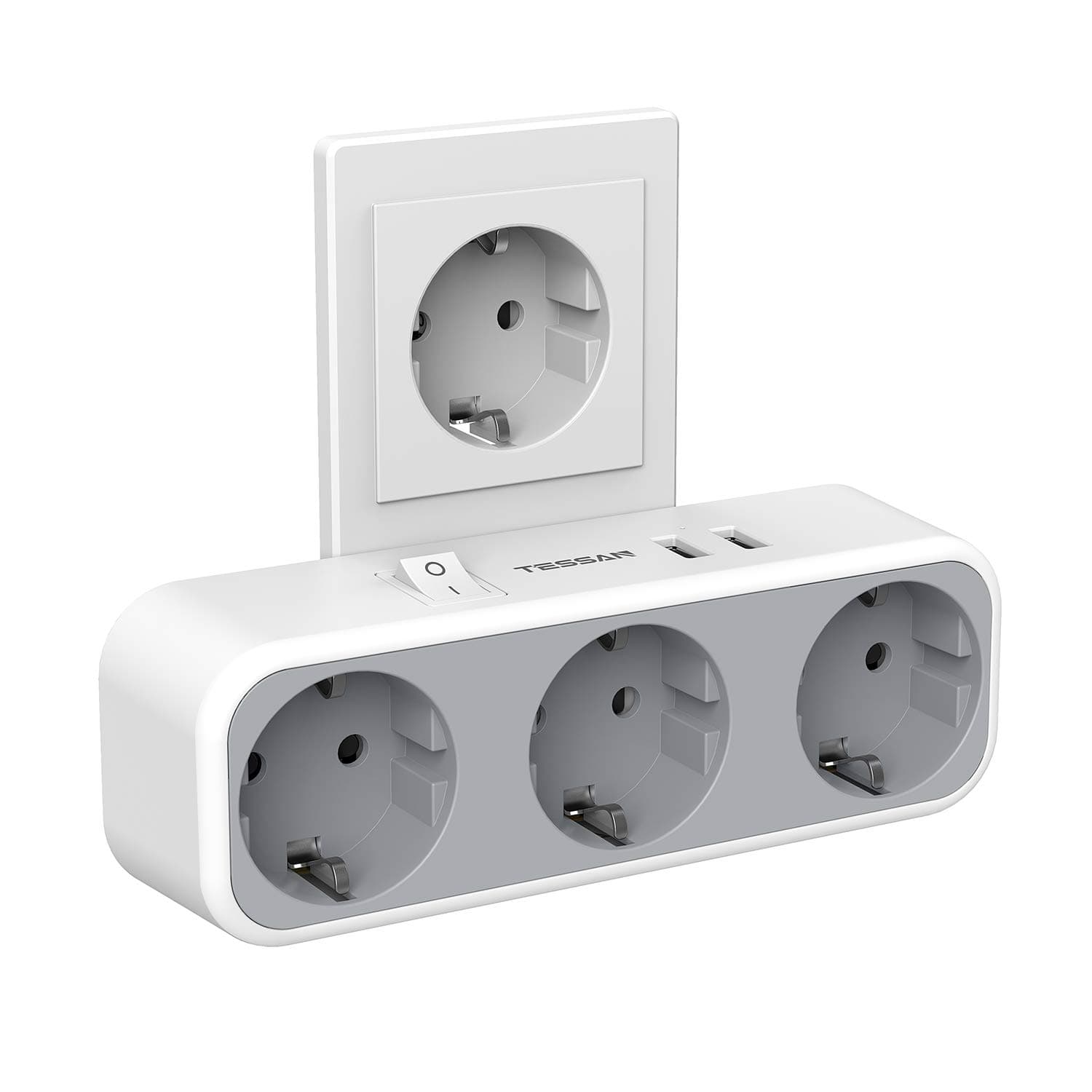 TESSAN Mini EU Plug Extension Socket Power Strip with 1/2/3 Outlets 2 USB Ports Wall Charger Adapter Plug with Overload Protection 3 Outlets & 2 USB Ports gray