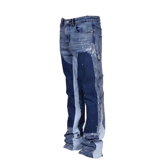 Men's Baggy Bell-Bottom Jeans Elastic Denim Casual Work Pants Vintage Patchwork Flared S dark blue