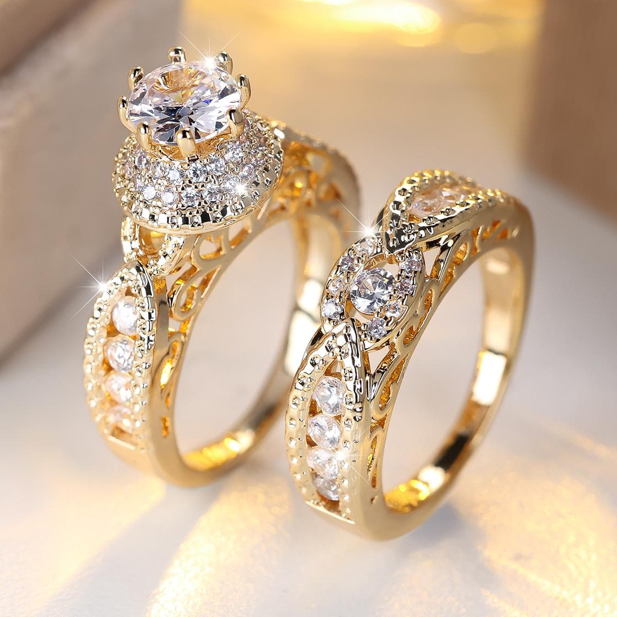 Fashion Black Gold Ruby Double Layer Micro Set Zircon Set Ring for Men and Women Couples 8 yellow