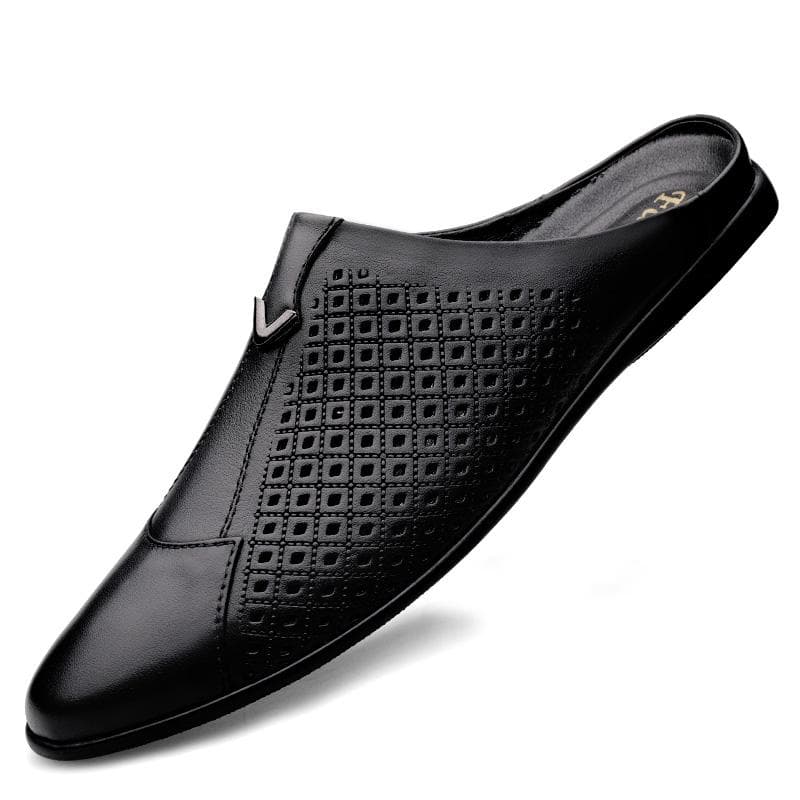 Fashion Mens Half Loafers Genuine Leather Baotou Leather Sandals Hollow Out Breathable Mules Man Outdoor Lightweight Half Shoes 42 black