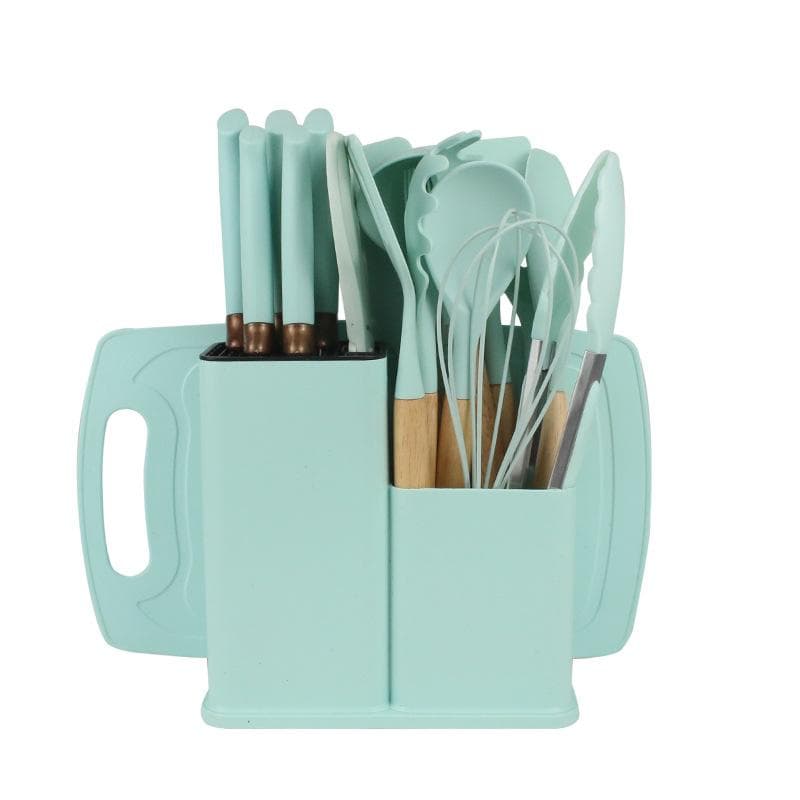 19pcs Heat Resistant Silicone Kitchen Utensil Set with Non Stick Tools and Knives in Bamboo Storage Ideal for Easy Cooking light green