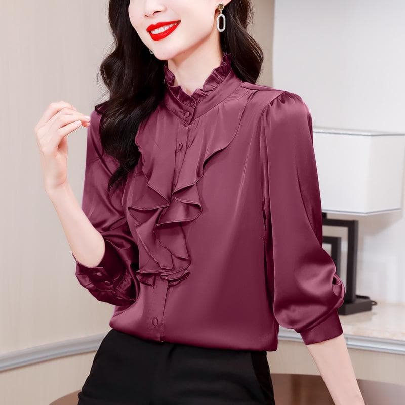 Green Palace-Inspired Lace Collar Silk Shirt - Women's Long Sleeve Solid Color XL Rose