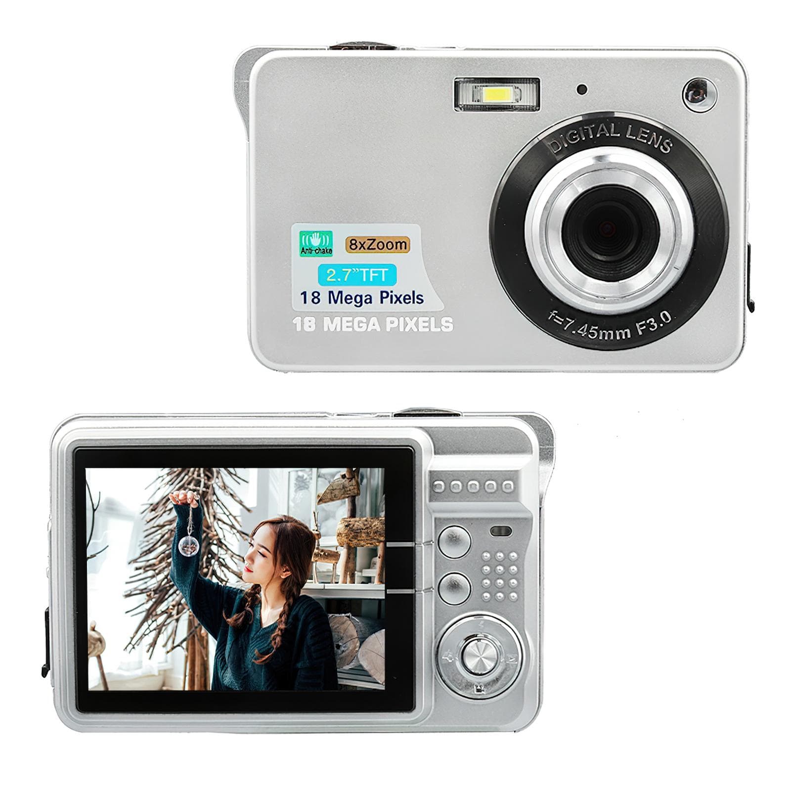 Portable 720P Digital Camera Video Camcorder 18MP Photo 8X Zoom Anti-shake 2.7 Inch Large TFT Screen silver