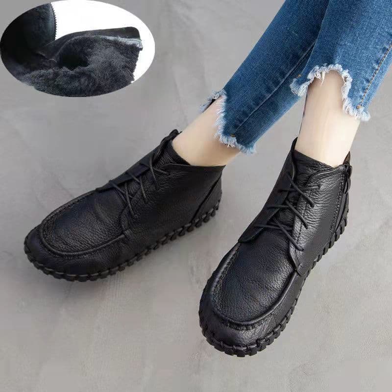 Genuine Leather Women Boots Flat Booties Soft Cowhide Women's Shoes Winter Short Fur Booties Ladies Waterproof Ankle Boots CN 41 (255)