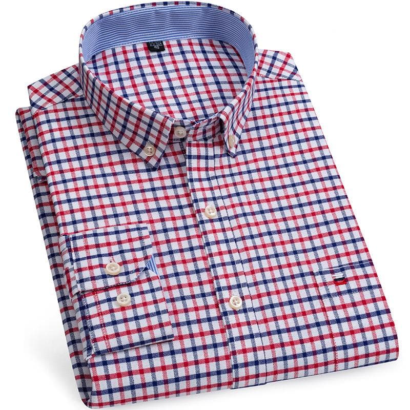 Cotton Oxford Shirt Plus Size S~7XL Casual Business Men Plaid Shirts Checkered Design Regular Fit Long Sleeve with Front Pocket Man's Blouses 6XL
