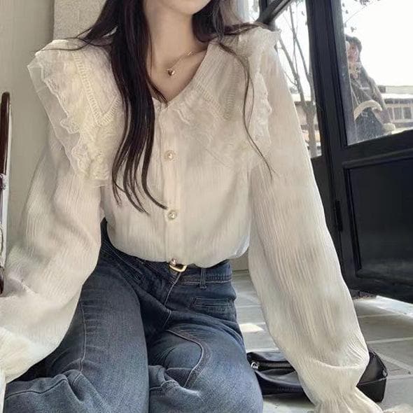 Women's Shirt Lace Doll Collar Long Sleeved Fashionable and Chic Beautiful Top XXL white