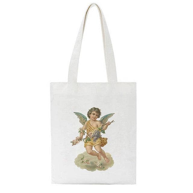 Fiorucci Letter Angel Cartoon Casual Vintage Large-capacity Fashion Harajuku Canvas Bag Hip Hop Shopping Bag Women Shoulder Bags 31*36cm