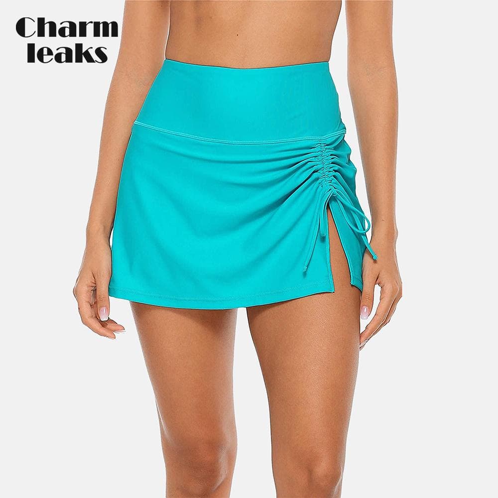 Womens High Waisted Split Swim Skirt Sporty Drawstring Skirted Swim Bottom with Built-in Swimming Panty Swimwear XL light blue