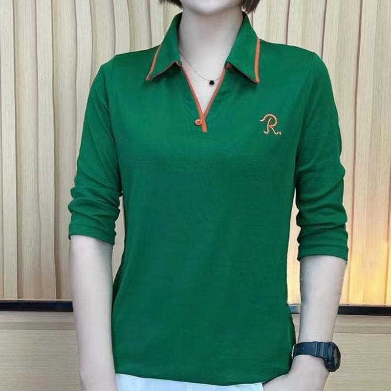 New Base Shirt for Women Loose Autumn Long-sleeved T-shirt for Women Embroidered POLO Collar Middle-aged Mother Shirt 5XL green