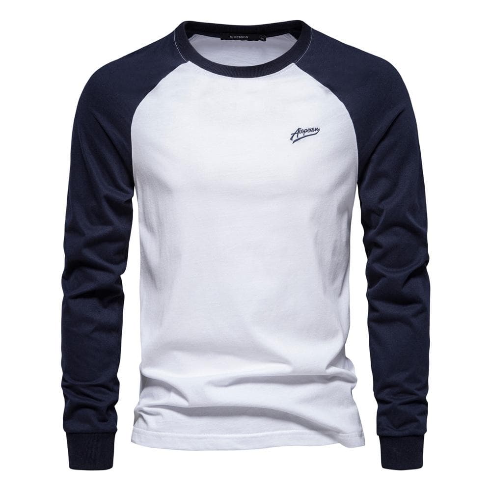 AIOPESON Men's T-shirts 100% Cotton Long Sleeve O-neck Pactwork Casual T shirts for Men New Spring Designer Tees Men Clothing M 70-80 kg white