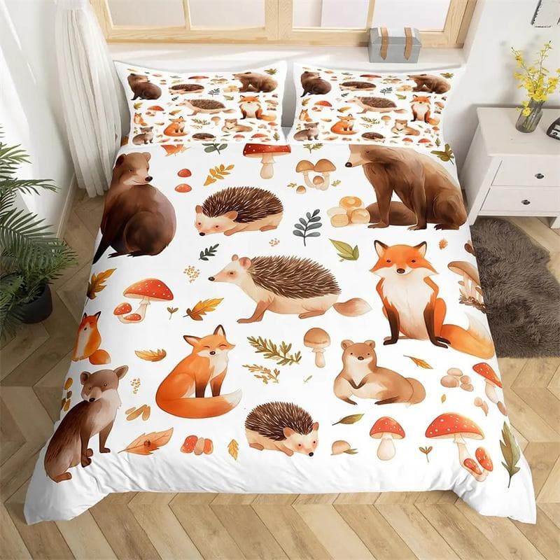 Animal Hedgehog Bedding Set Queen King Size Cute Animals Comforter Duvet Covers and Pillowcase for Adults Kids Quilt Cover 135X200cm-2pcs