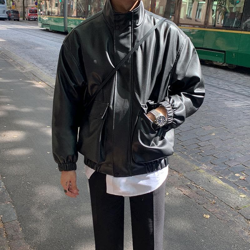 Autumn Korean Trendy Loose Leather Jacket Men's Motorcycle Jacket Pilot Leather Jacket Short Coat 2XL black