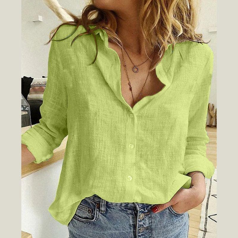 GMXIA Women's Fashion Casual Solid Color Print Long Sleeve POLO Neck Loose T-shirts and Linen Shirt Tops S