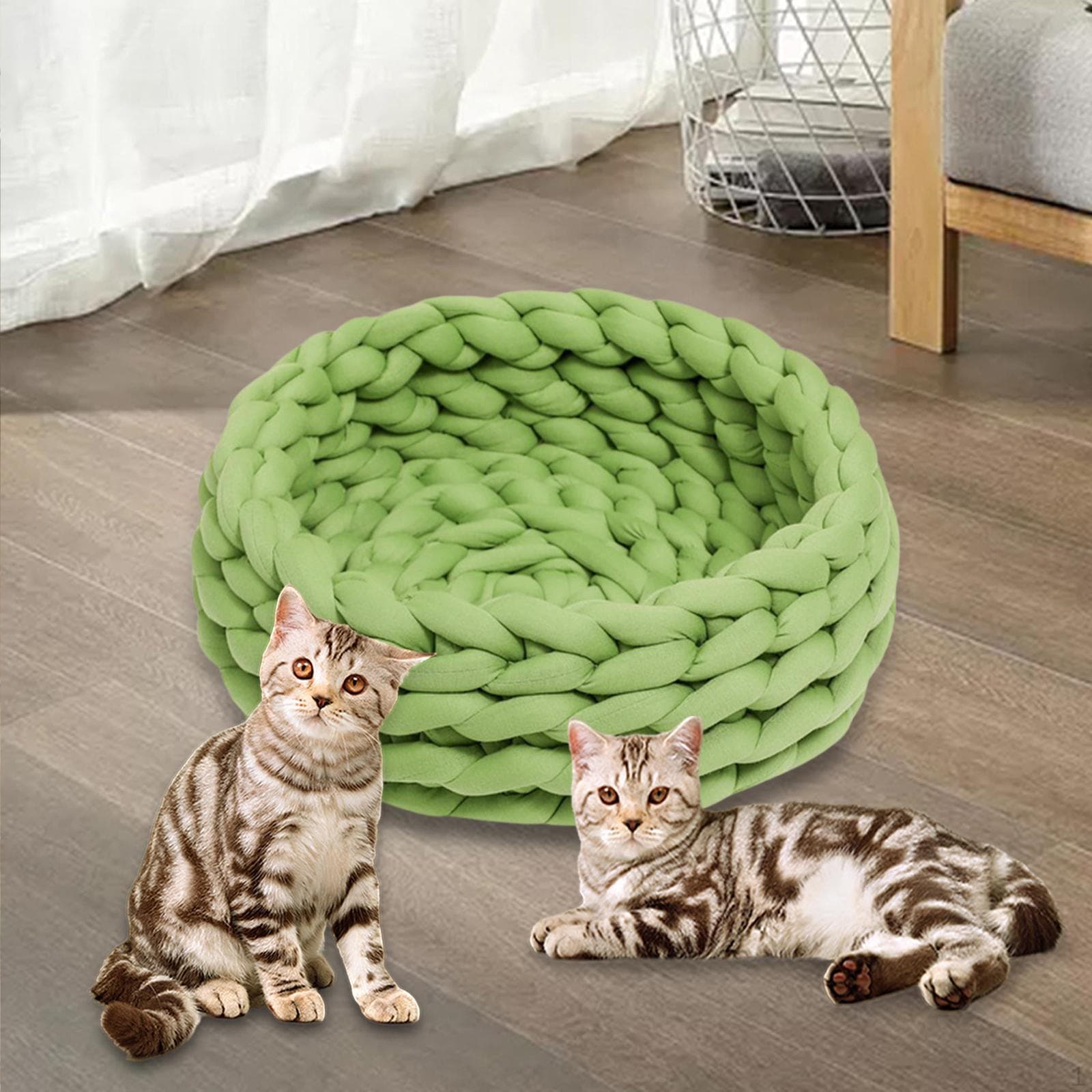 Cotton Knitted Cat Bed Basket Pet Small Dog Soft Portable Warm Cozy Washable for Rabbits Green 40cm