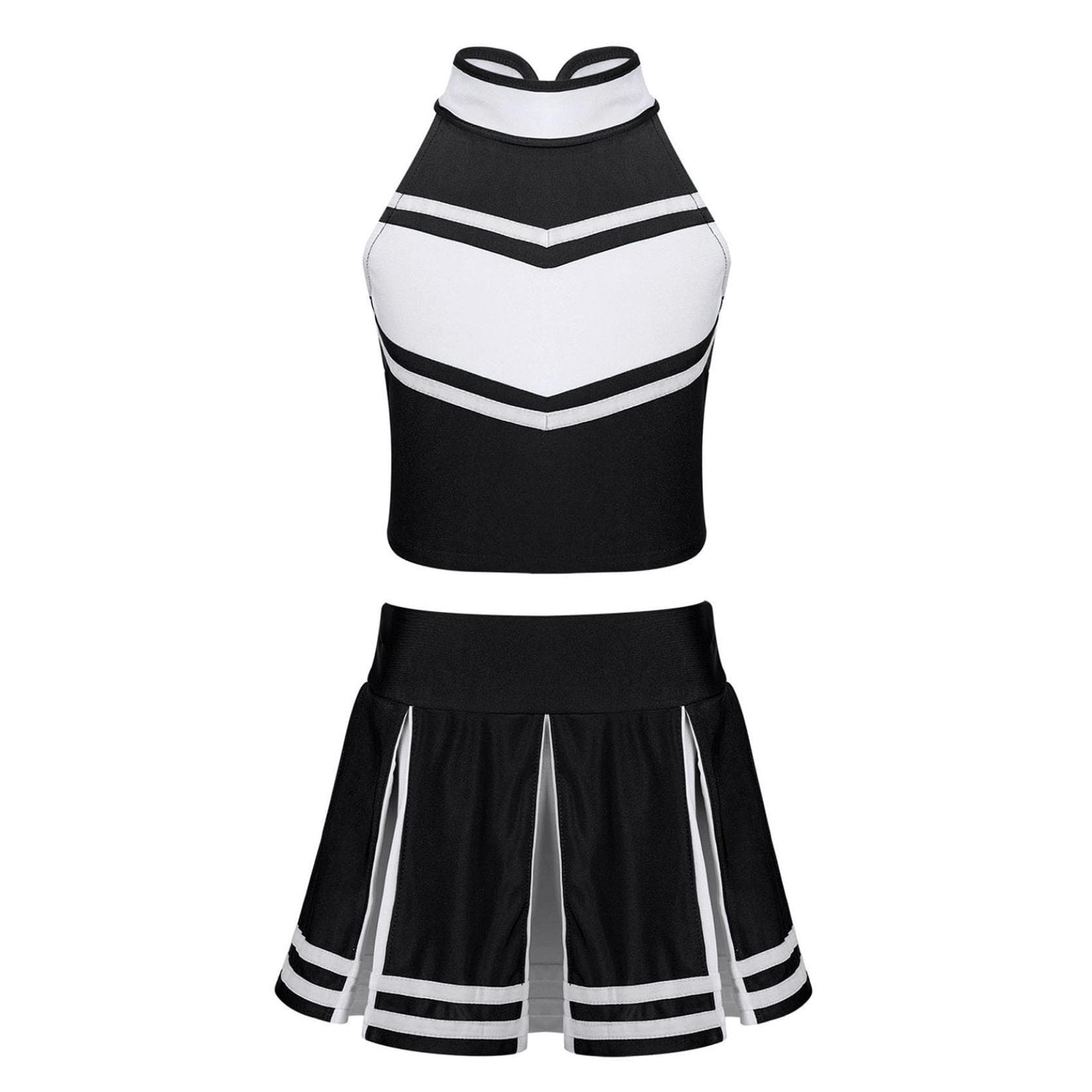 Kids Cheerleading Outfit 2Pcs Girls Dance Cheerleading Stage Performance Costumes Sleeveless Tops with Skirt 12-14 Years black