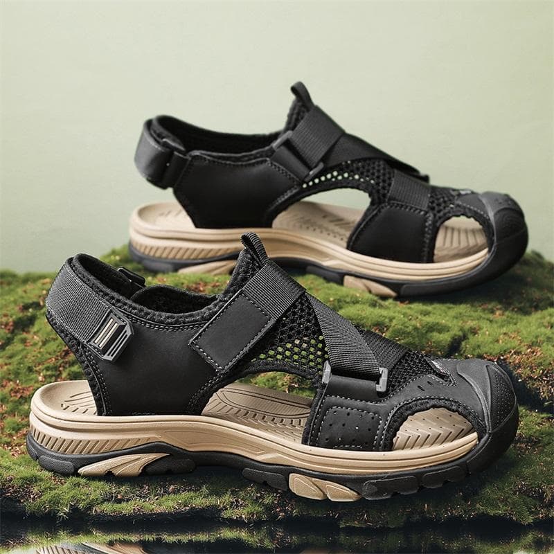 Classic Men's Genuine Leather Sandals  Summer Outdoor Comfortable Breathable Hiking Shoes Light Casual Beach Shoes 38-46 41 black