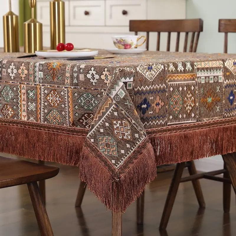 Geometric Patterns Chenille Tablecloth Tassel Edge Embroidered Dining Table Cover  Rectangular Thick Wear-resistant Table Cloth 90x90cm 1pcs
