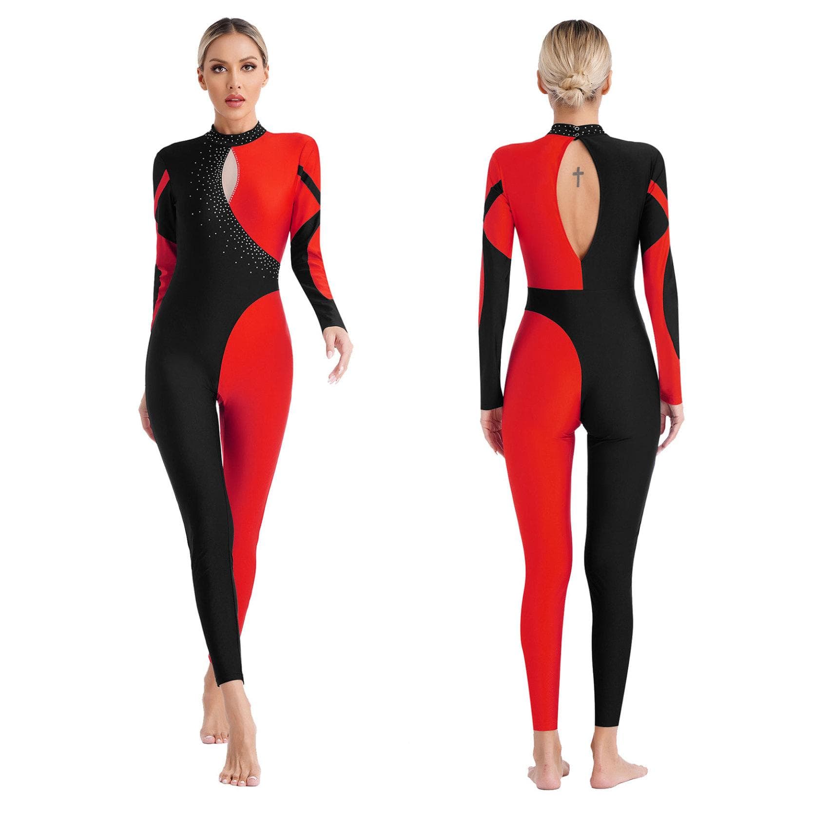 Womens Gymnastics Figure Skating Dance Costume Contrast Color Patchwork Jumpsuit Glittery Rhinestones Keyhole Back Long Sleeve Mock Neck Bodysuit XXL red