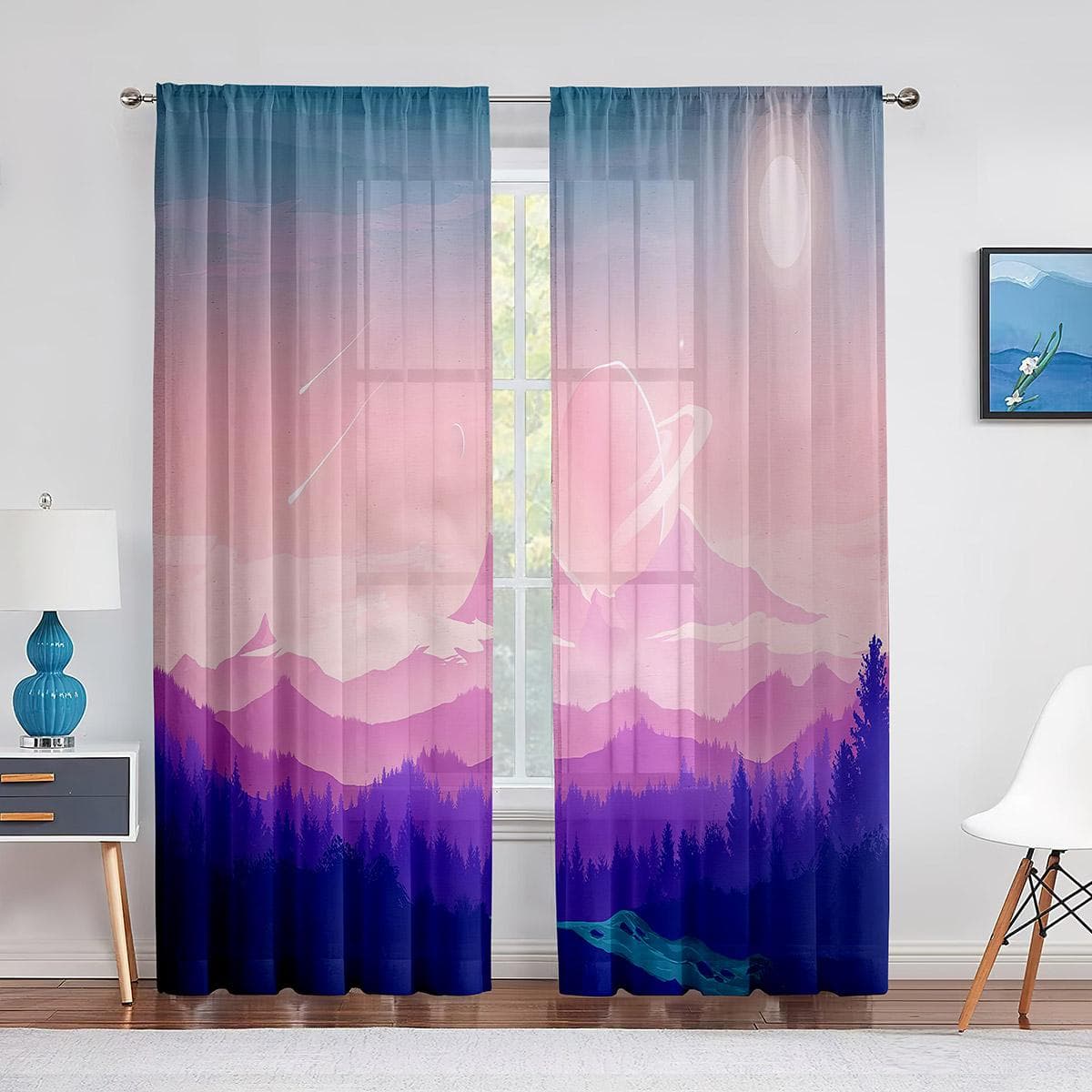 Purple Mountains Abstract Minimalist Landscape Sheer Voile Curtains for Living Room Curtains for Bedroom Chiffon Tulle Curtain 1 PCS W100XH250cm&Grommet Top
