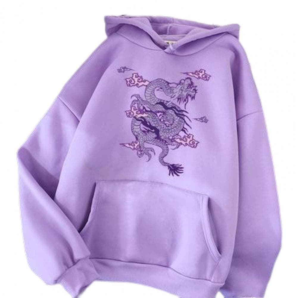 Women Men Hoodie Hooded Hat Long Sleeves Dragon Print Loose Keep Warm Pullover Unisex Spring Hoodie Adult Clothing S purple