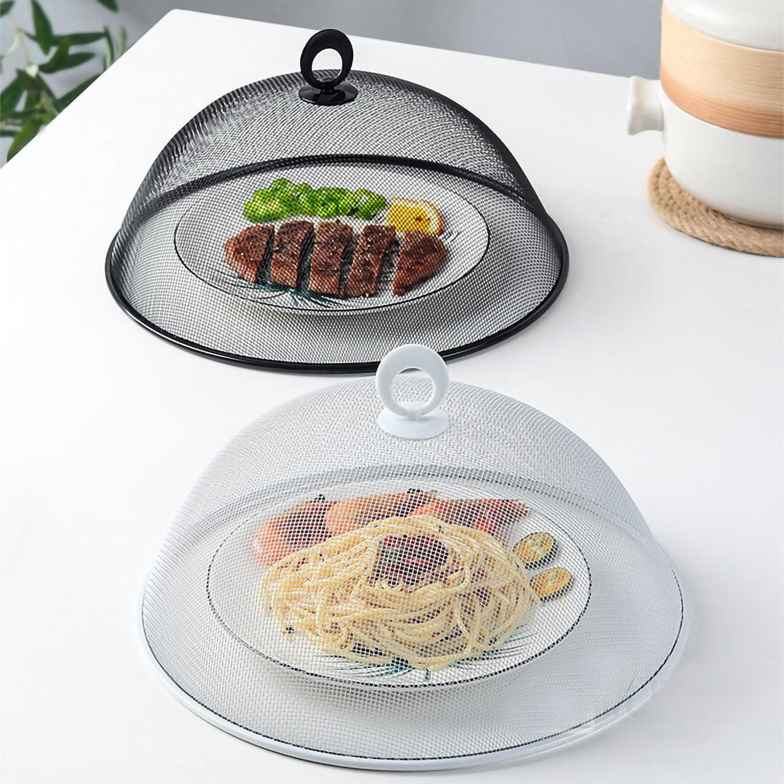 Food Cover Dense Mesh Design 180 Degree Rotatable Simple Iron Food Screen with Handle for Home Round Medium white