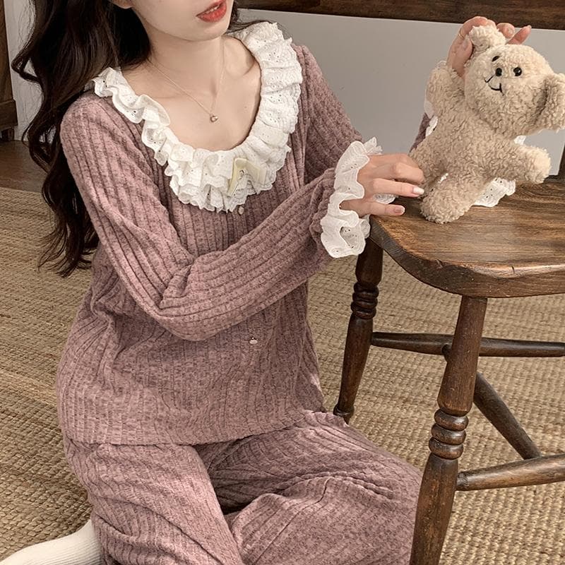 Women's Long-sleeved Trousers Cotton Pajamas Solid Color Lace Pajamas Women's Bedroom Home Wear Women's Pajamas XXL