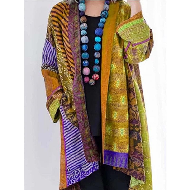 Vintage Cotton Linen Loose Ethnic Style Print Knitted Cardigan Large Size Long Sleeve Coat Autumn Winter Retro Women's Sweater S yellow