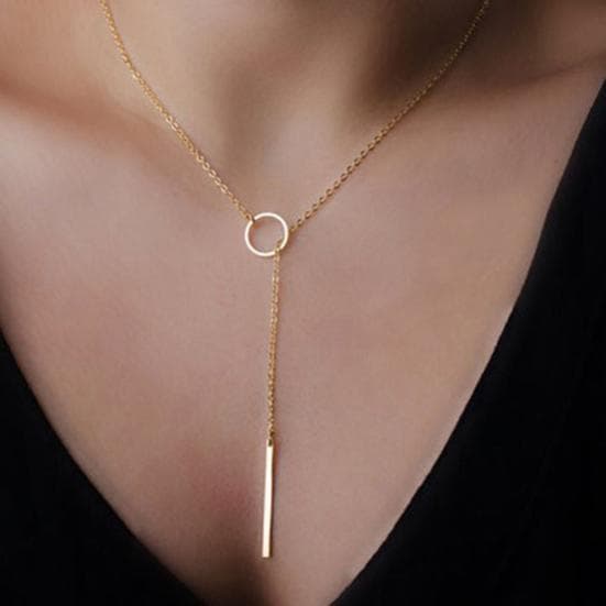 Women's Elegant Tone Circle Bar Lariat Pendant Chain Y Shaped Necklace