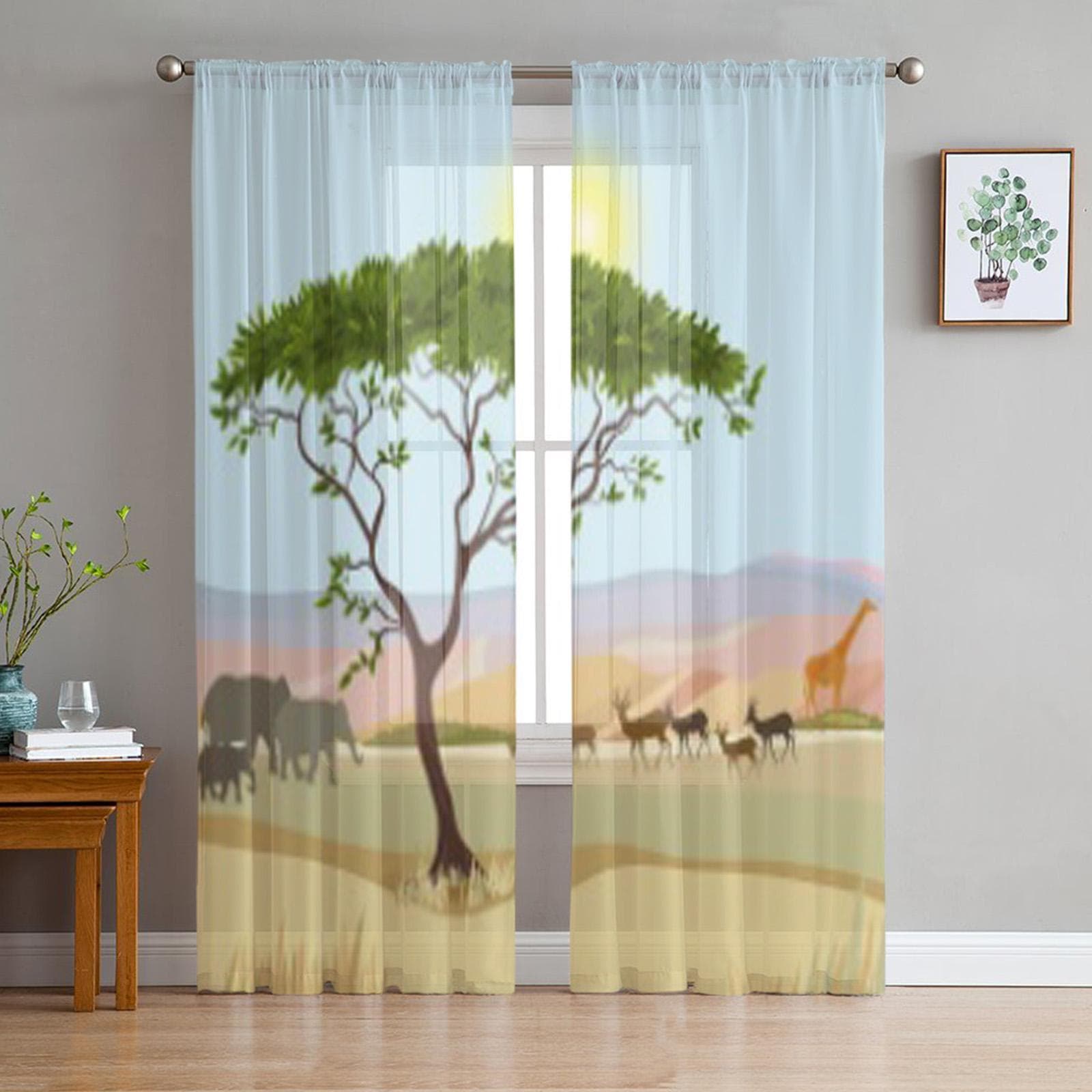 African Mountain Idealistic Landscape Tulle Sheer Curtains for Living Room Bedroom Kitchen Decoration Voile Organza Curtains 135W x 114H(cm)