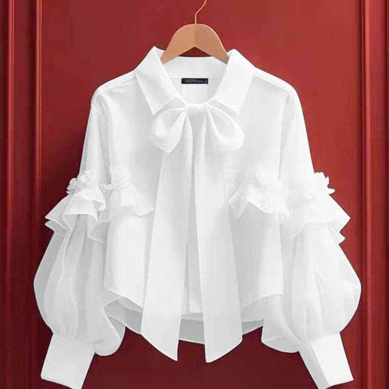 ZANZEA Women Casual Shirt Collar Long Sleeve Tie Shirts 4XL white