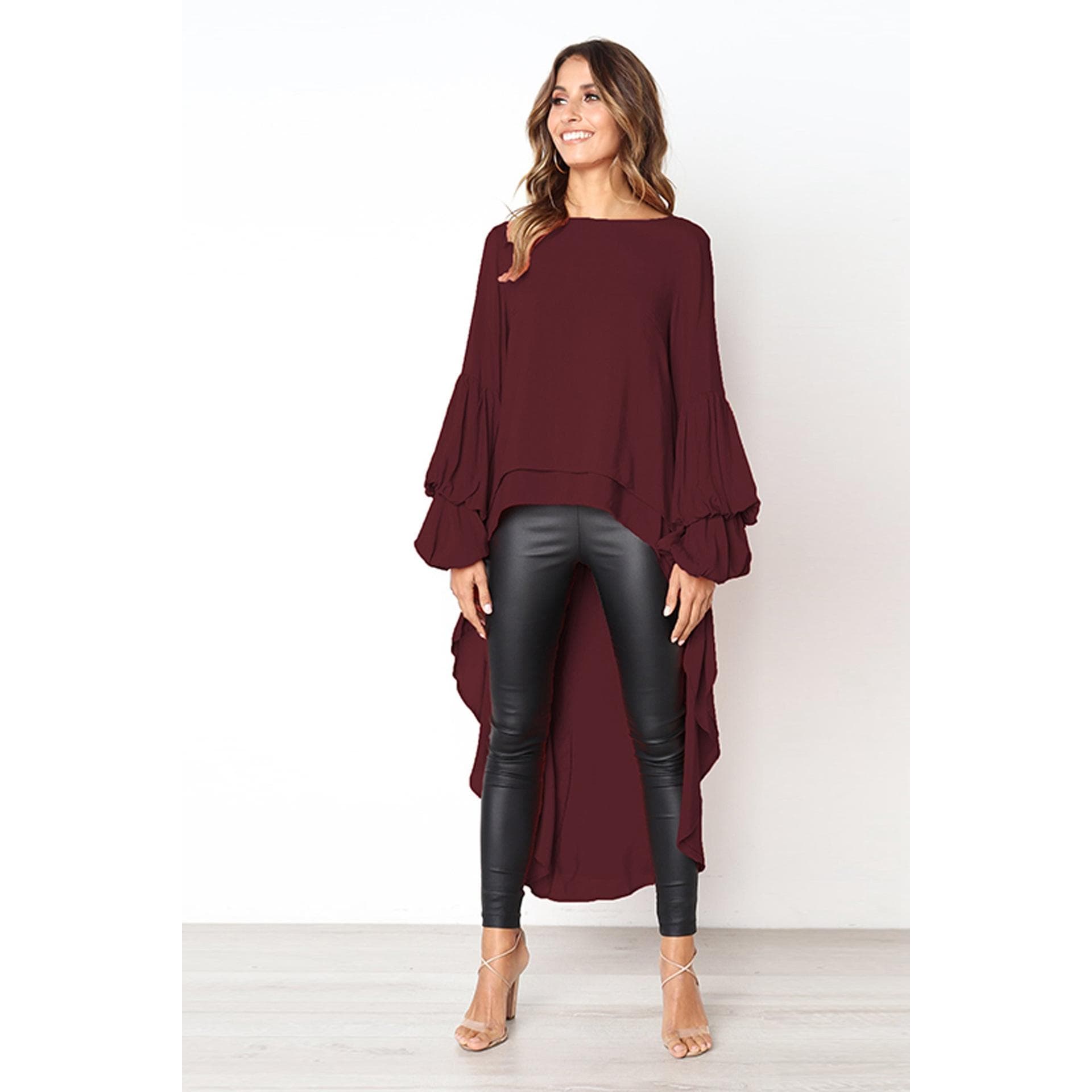 Women's Autumn Winter Long Sleeved Pullover Chiffon Shirt Irregular Chiffon Top for Women XXXL wine red