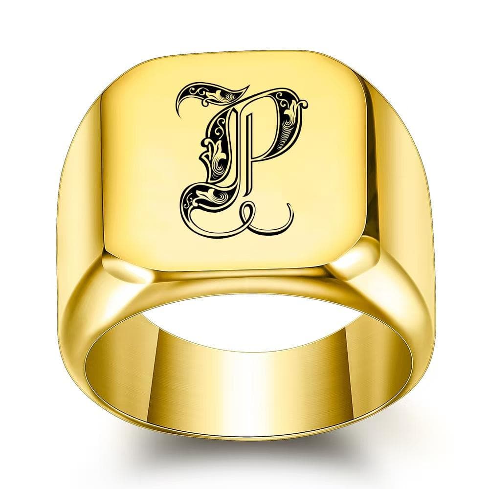 Retro Initials Signet Ring for Men Bulky Heavy Stamp Male Band Stainless Steel Letters Jewelry 11