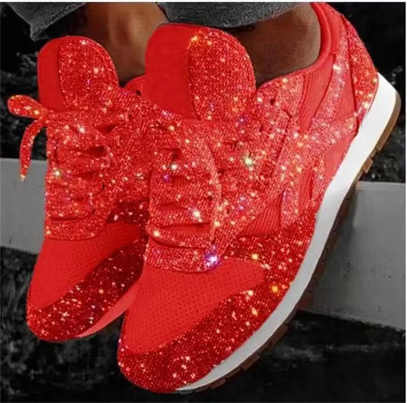 Shiny glitter sport shoes breathable bling casual sneakers women Spring Summer ladies red blue comfort lace up running shoes 35 red