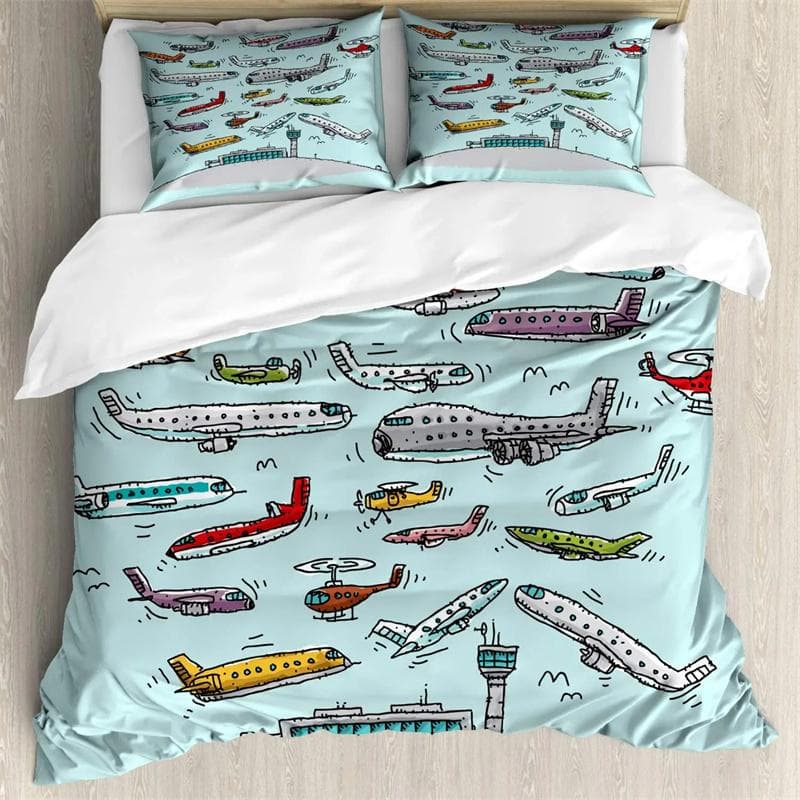 Airplane Duvet Cover Planes Fying In Air Aviation Airport Helicopters and Jets Cartoon Style Room Decorative for Boys Girls Gift 135x200cm 2pcs