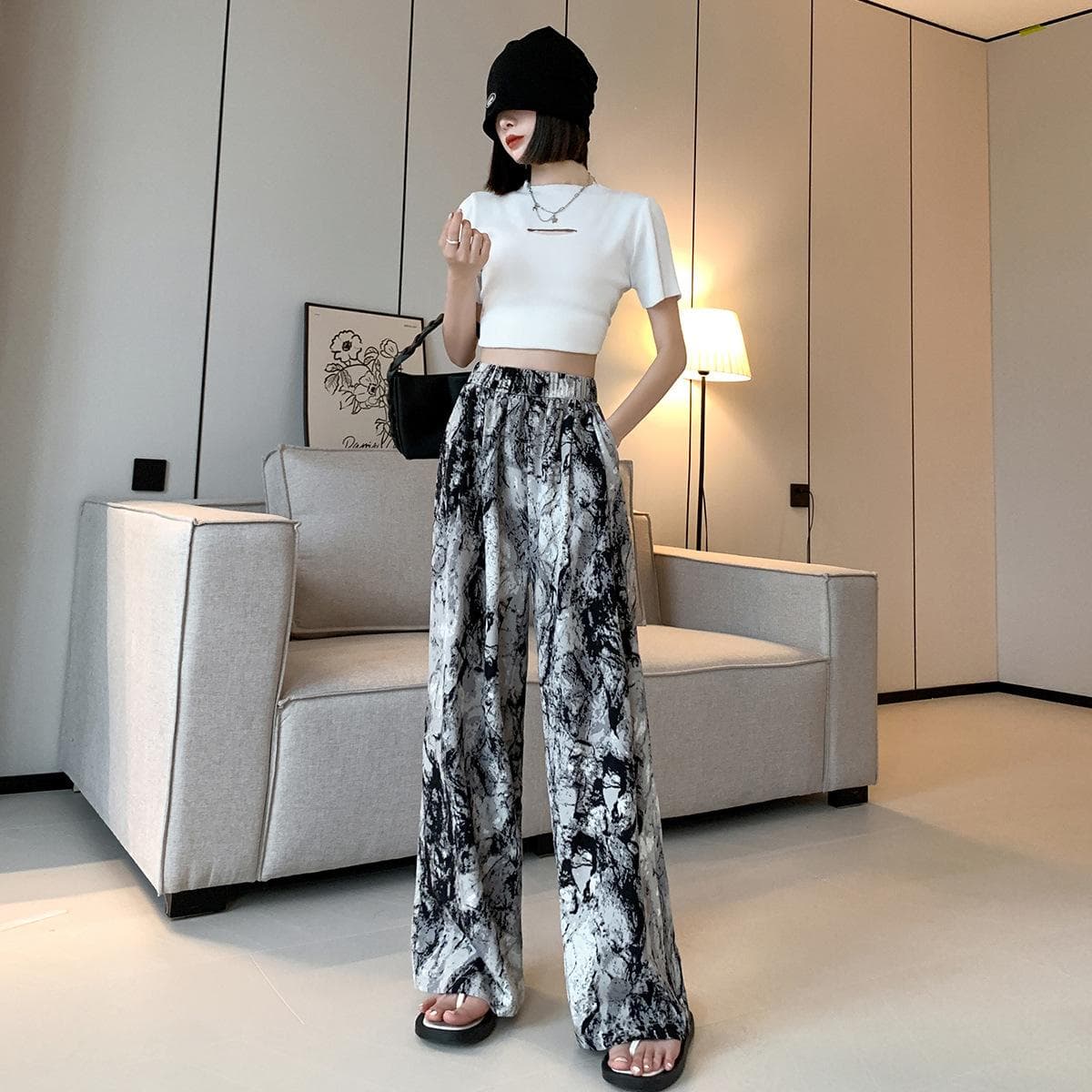 Ink Painting Tie-dye Wide-leg Pants for Women with High Waist Slim Casual Pants for Women Yamamoto Pants Cool Pants for Women In Summer XXL