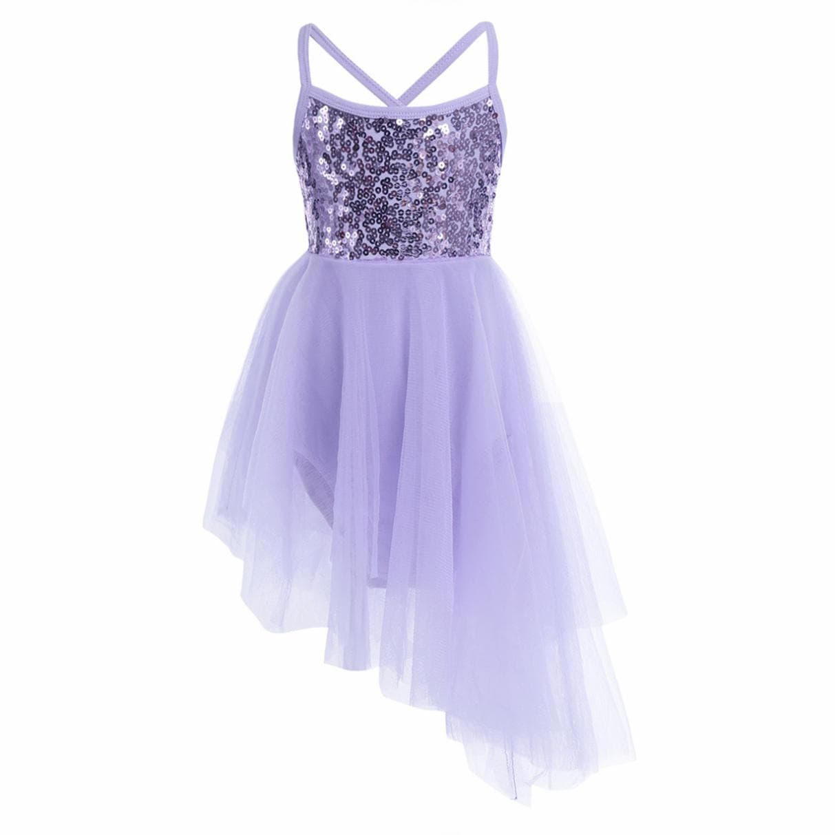 Kids Girls Stage Dance Clothing Sleeveless Sequin Asymmetrical Tulle Ballet Dance Gymnastics Leotard Dress 4-5 Years purple