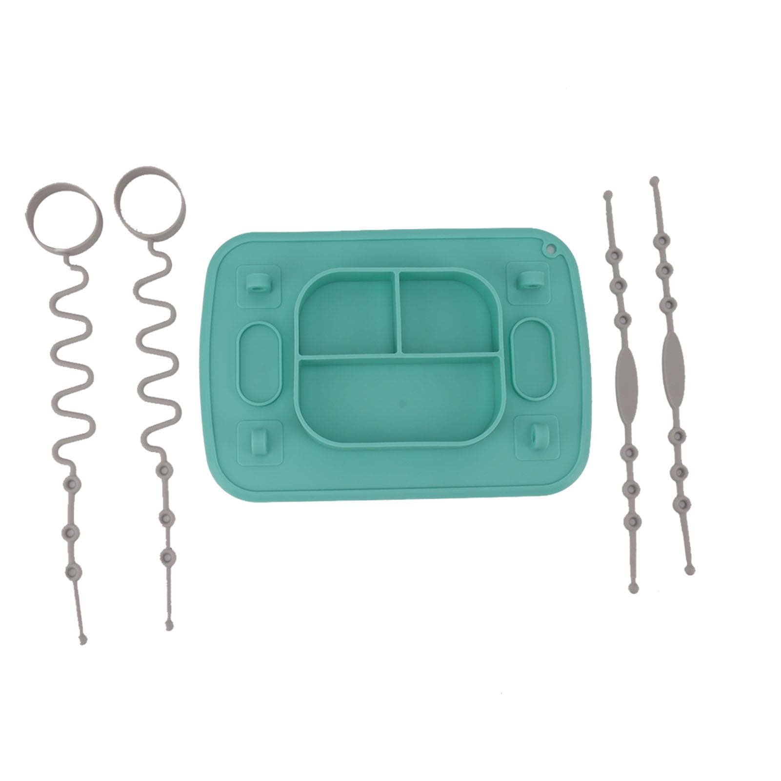 Silicone Suction Placemat with 4 Toy Tethers Dishwasher Safe Divided Plate for Babies Toddlers Kids L(for 6.5-9kg) cyan