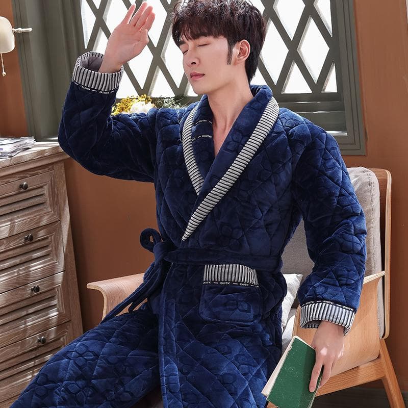 Thick 3 Layers Warm Winter Bathrobe Men Soft Flannel Quilted Long Kimono Bath Robe Male Dressing Gown for Mens Coral Fleece Robe XL