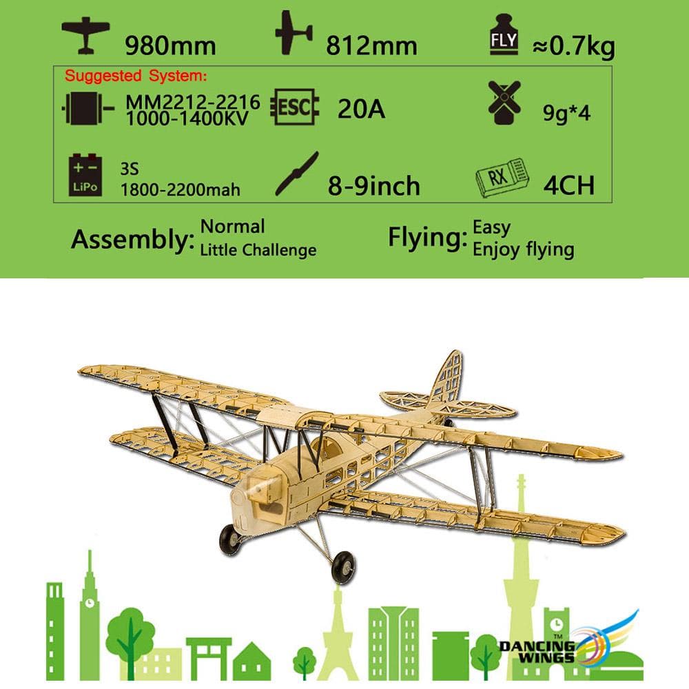 Dancing Wings Hobby S1901 Balsa Wood RC Airplane Tiger Moth Remote Control Biplane Unassembled KIT
