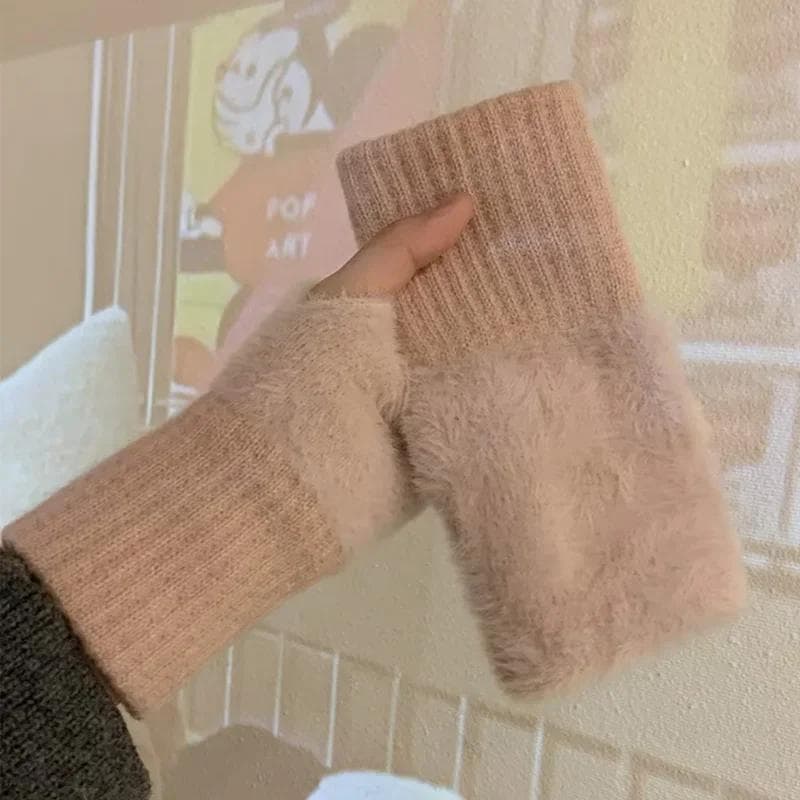 Mink Fleece Soft Winter Half Finger Gloves Women Warm Luxury Solid White Plush Knitted Fingerless Gloves Wrist Mittens Writting pink