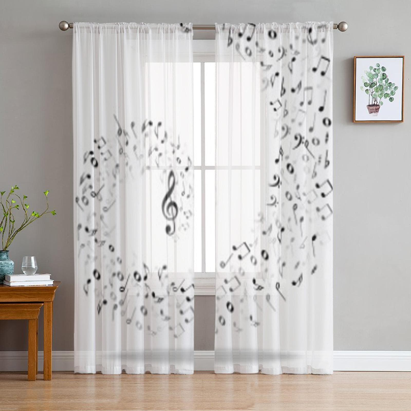 Music Notes Black White Sheer Curtain For Living Room Bedroom Voile Curtains For Window Organza Curtains Party Tulle Drapes 135W x 114H(cm)