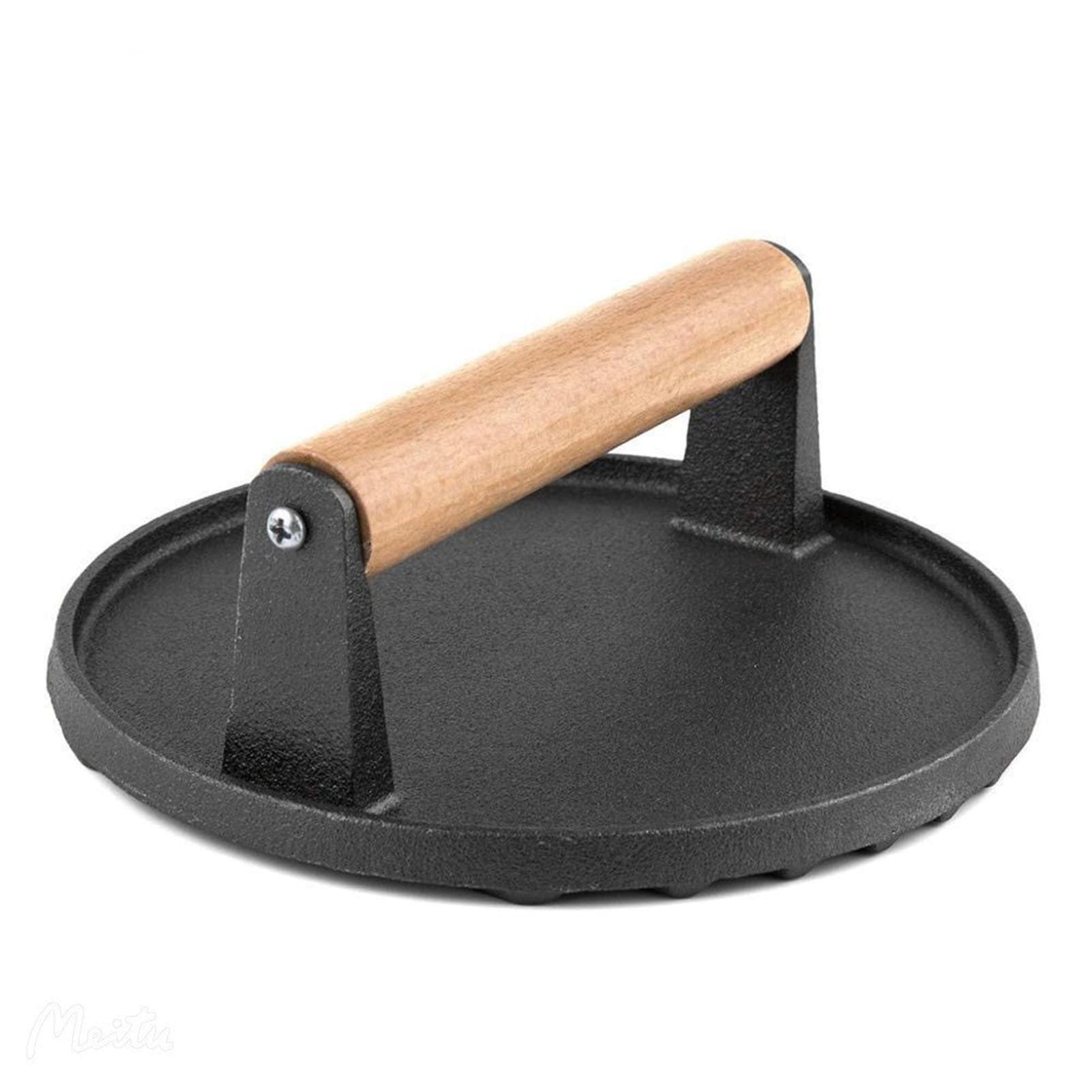 Squid Press Metal Round Patty Maker Meat Press Flattener Plate Barbecue Tool with Wood Handle for
