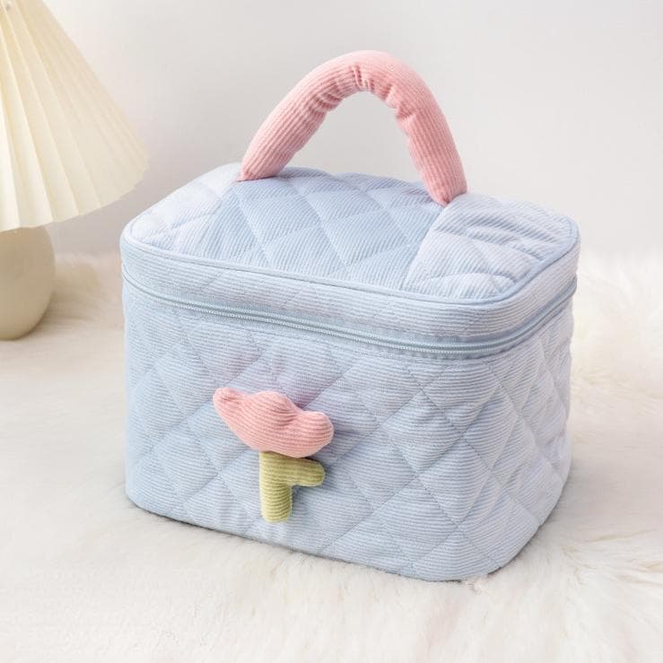 Flower Makeup Bag Zipper Large Soft Corduroy Cosmetic Bag Female Travel Makeup Beauty Case blue