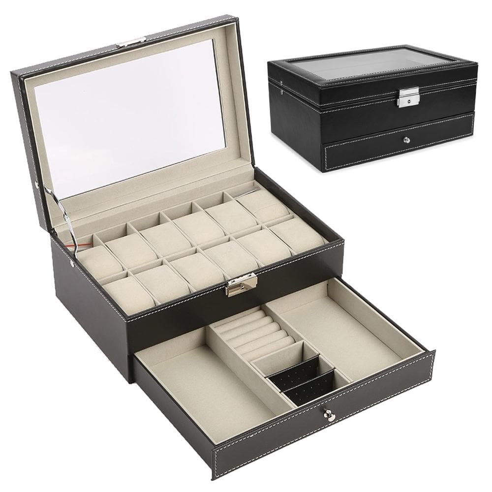 Jewelry Storage Box 12 Slots Watch Box Double Layers Jewelry Box for Bracelet Necklace and Other black