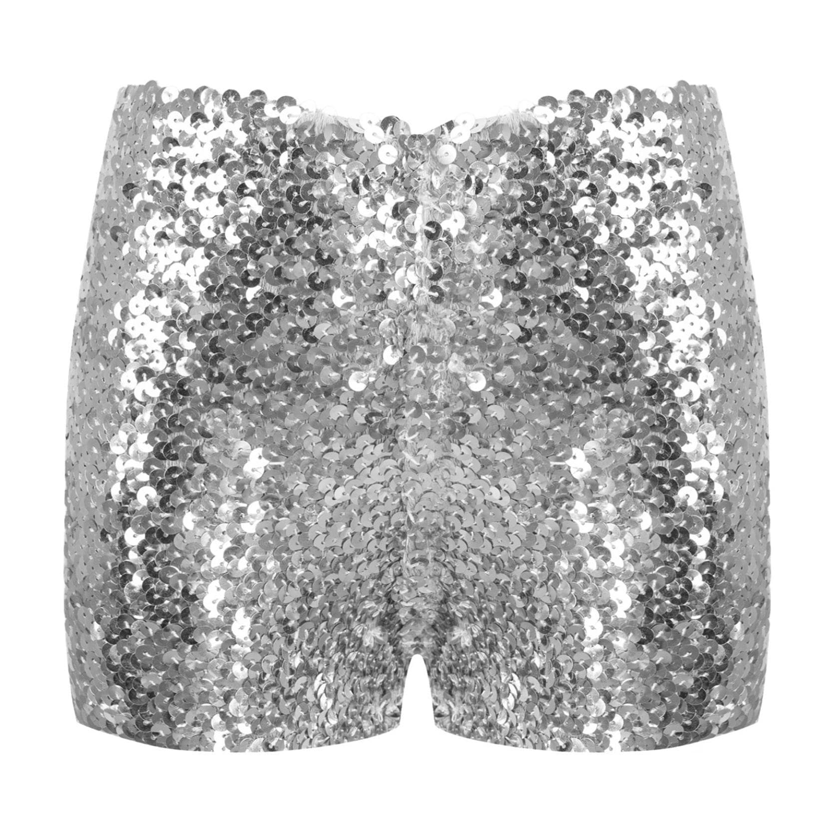 Girls Dance Short Gymnastics Athletic Shorts Sparkle Glitter Tumbling Bottoms 6-10 Years silver