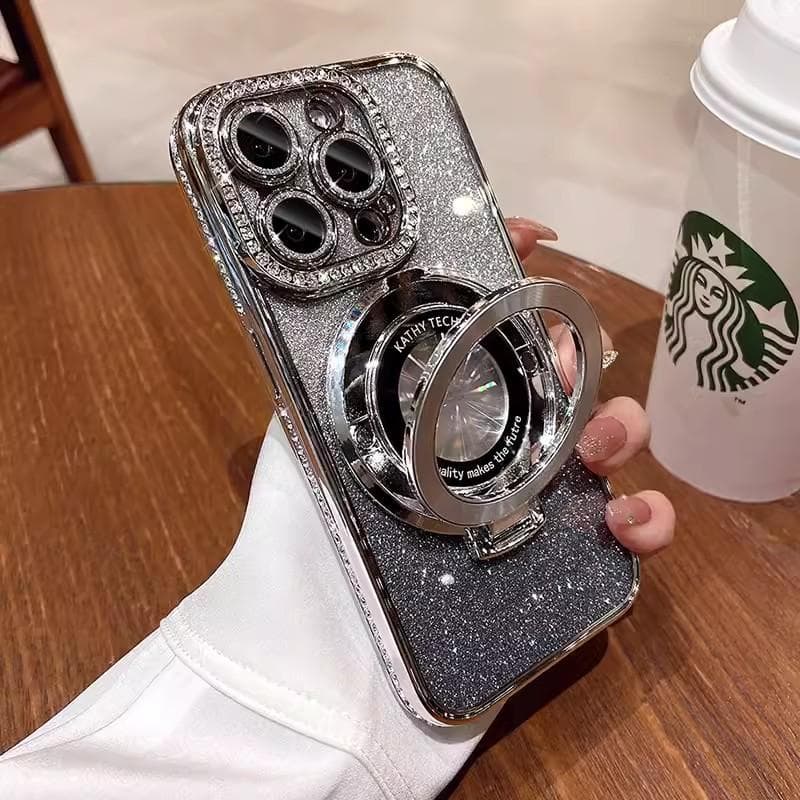 Magnetic Stand Suitable for Apple 16ProMax Gradient Phone Case, Water Diamond Iphone15 Glitter Mirror 14 Protective Case iPhone11proMax