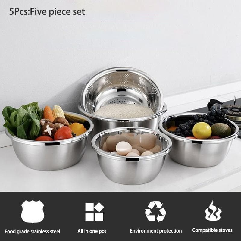 5-piece Stainless Steel Pots Round Thickened and Deepened Pots for Household Kitchens with Soup and Noodles for Washing Vegetables and Draining Pots